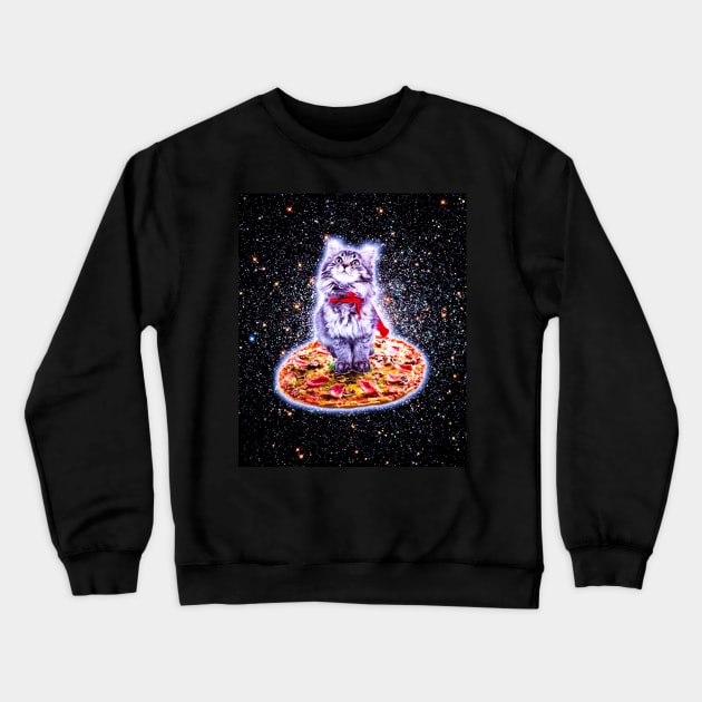 Galaxy Kitty Cat Riding Pizza In Space Crewneck Sweatshirt by Random Galaxy